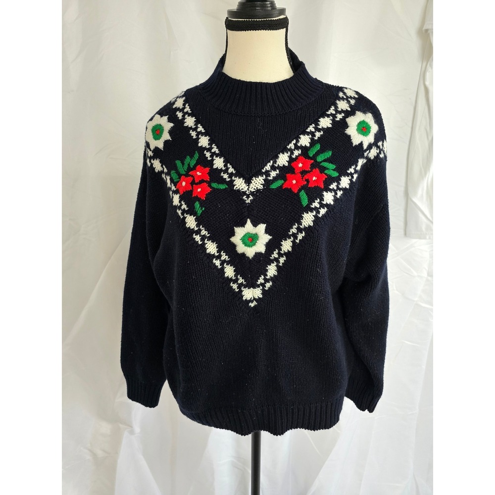 Vintage Bristol Court Navy Blue Floral Embroidered Mock Neck Sweater Size M‎